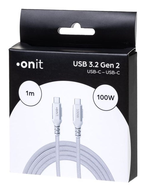 ONIT USB-C auf USB-C Kabel – USB 3.2 Gen 2 (10 Gbit/s) – 1 m – PD 100 W – Textilmantel – Weiss