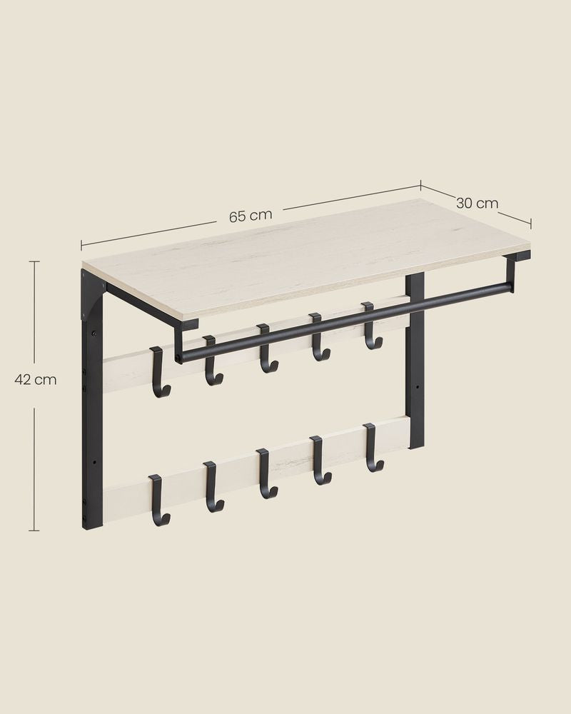 Vasagle Wandgarderobe – 10 Haken, mit Ablage, Stahl/Spanplatte, Schwarz/Weiss, 65 × 30 × 42 cm