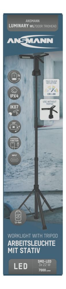 Ansmann Arbeitsleuchte Triohead 7000R – 7000 lm, Akku 4000 mAh, 66 W, IPX4, dimmbar – Schwarz