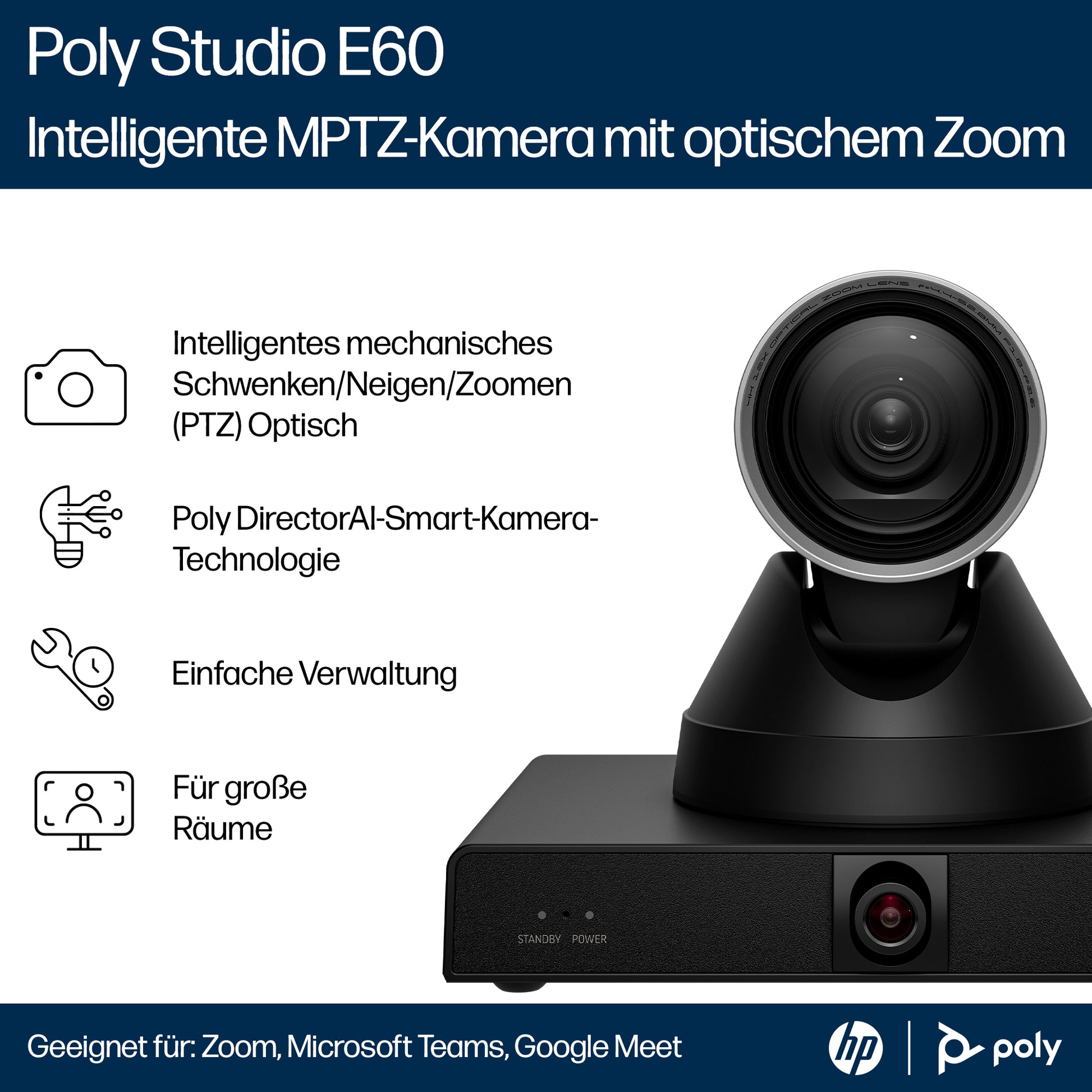 HP Poly Poly Studio E60 – PTZ-Kamera, 4K, 12× optischer Zoom