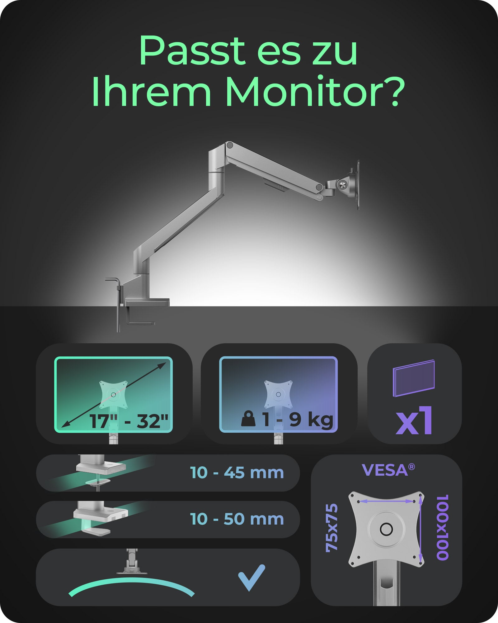ICY BOX IB-MS523-T – Monitorarm Tischhalterung – Klemme/Durchführung – 1 Monitor – 17–32" – VESA 75×75/100×100