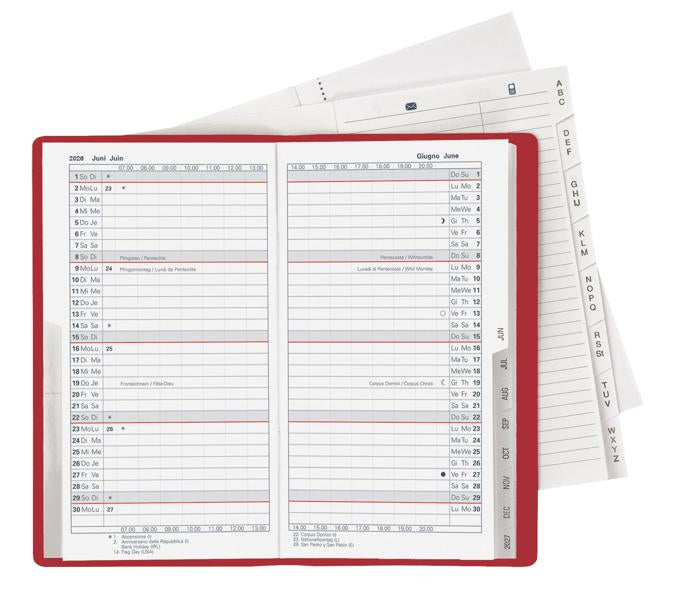 Biella Luzern Agenda – 1 Monat/2 Seiten, geheftet, 8,7 × 15,3 cm, 15 Monate Okt–Dez, 2026, Weinrot, PEFC