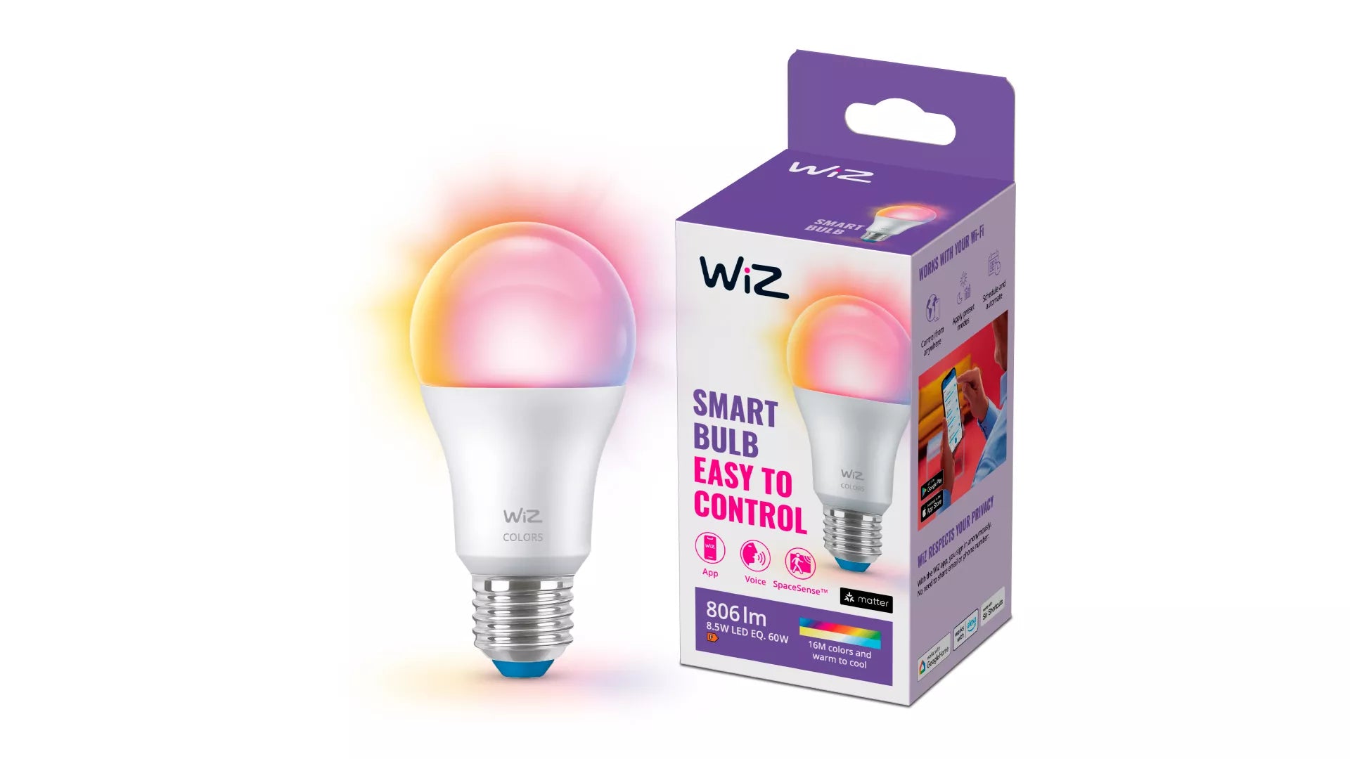 WiZ Smart-Leuchtmittel E27 A60 – RGB+CCT 2200–6500 K, 806 lm, 8,5 W, Matt – 1 Stk.