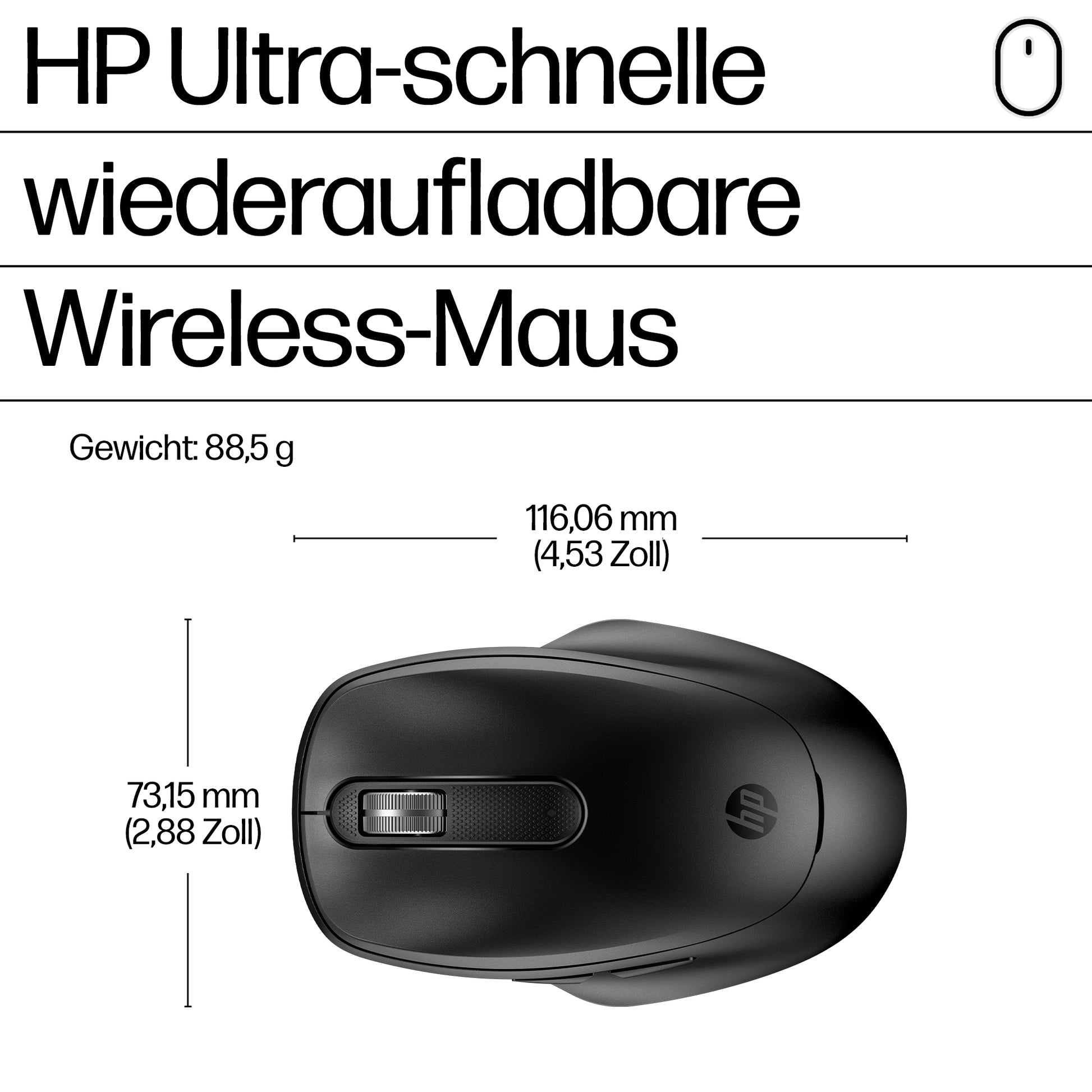 HP 510 Ultra-Schnelle Wiederaufladbare Maus – Kabellos (2,4 GHz), 4000 DPI, Beidhändig, Schwarz
