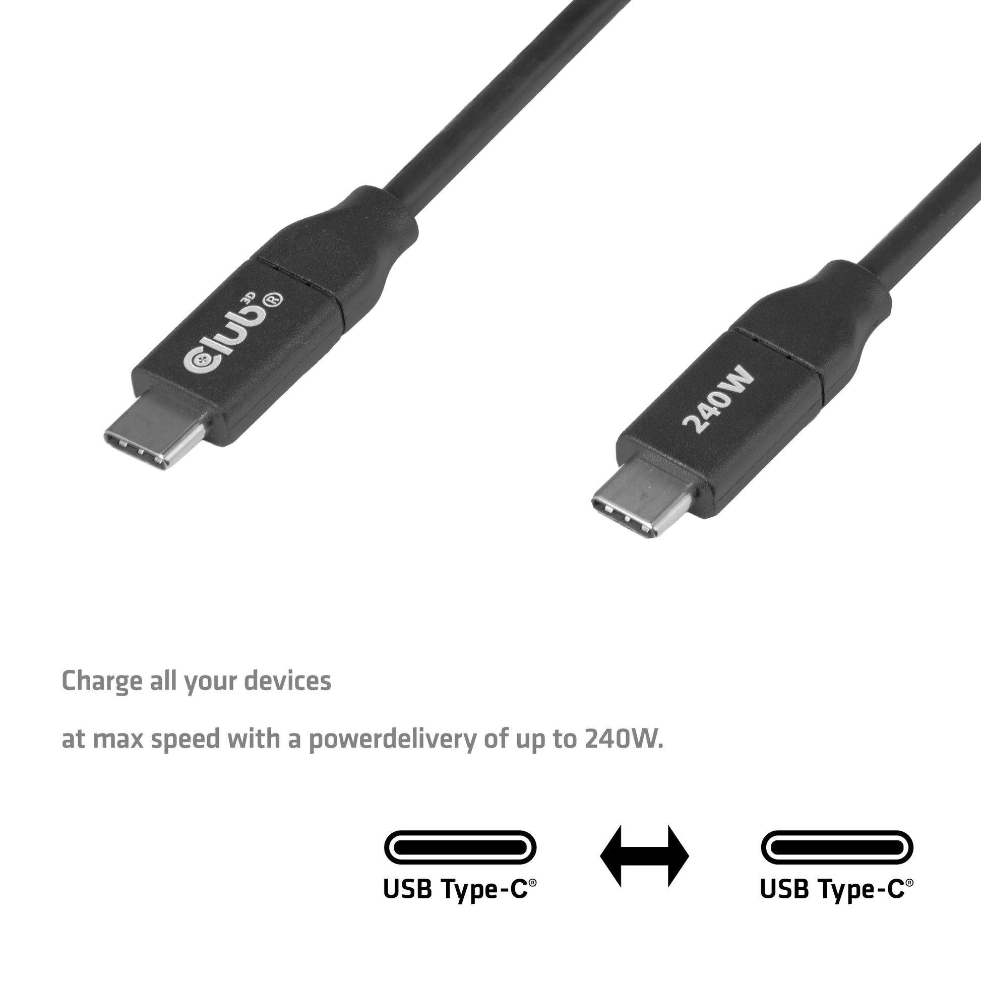 CLUB3D Club 3D – USB-C auf USB-C Kabel – 2 m – PD 240 W – Schwarz – für USB-C-fähige Geräte