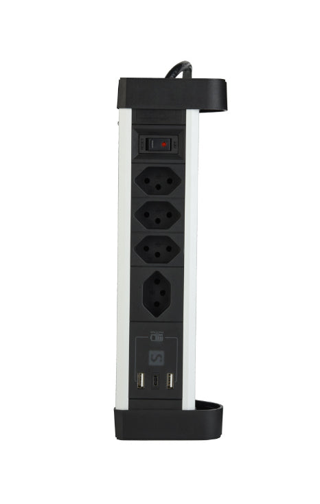 M. Schönenberger Schönenberger Alu-Office-Line Steckdosenleiste – 4× T13, USB‑A/C, 2 m, mit Schalter, Schwarz/Silber
