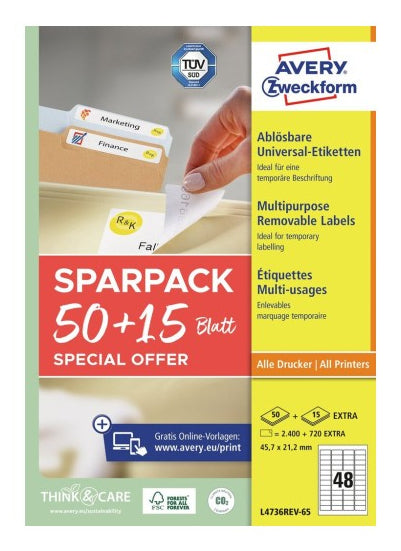 AVERY Zweckform L4736REV-65 – Etiketten A4 46 × 21 mm – wiederablösbar – Laser/Inkjet – 48 pro Blatt, 65 Blätter