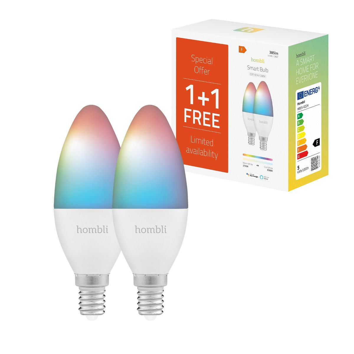 Hombli Smart-Leuchtmittel E14 HBPP-0111 – 380 lm, 2700–6500 K/mehrfarbig, WLAN/App, dimmbar – 2er-Pack