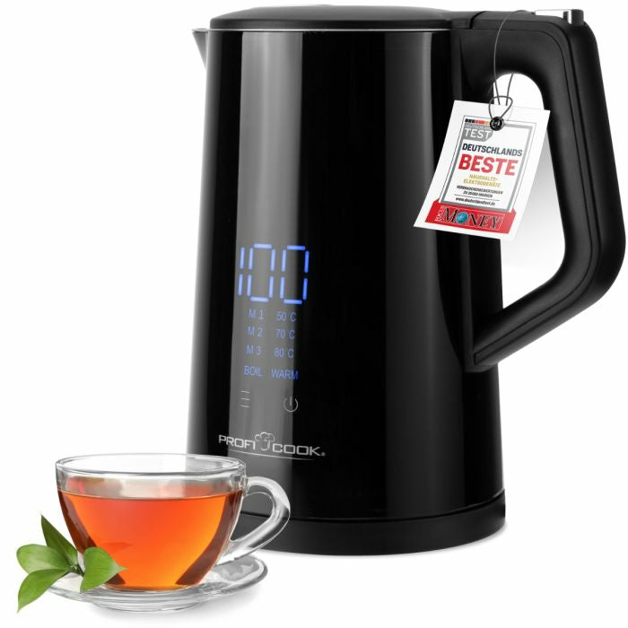 ProfiCook Wasserkocher – 1,7 l, mit Temperaturwahl, Warmhaltefunktion, Edelstahl, schwarz, PC-WKS 1243