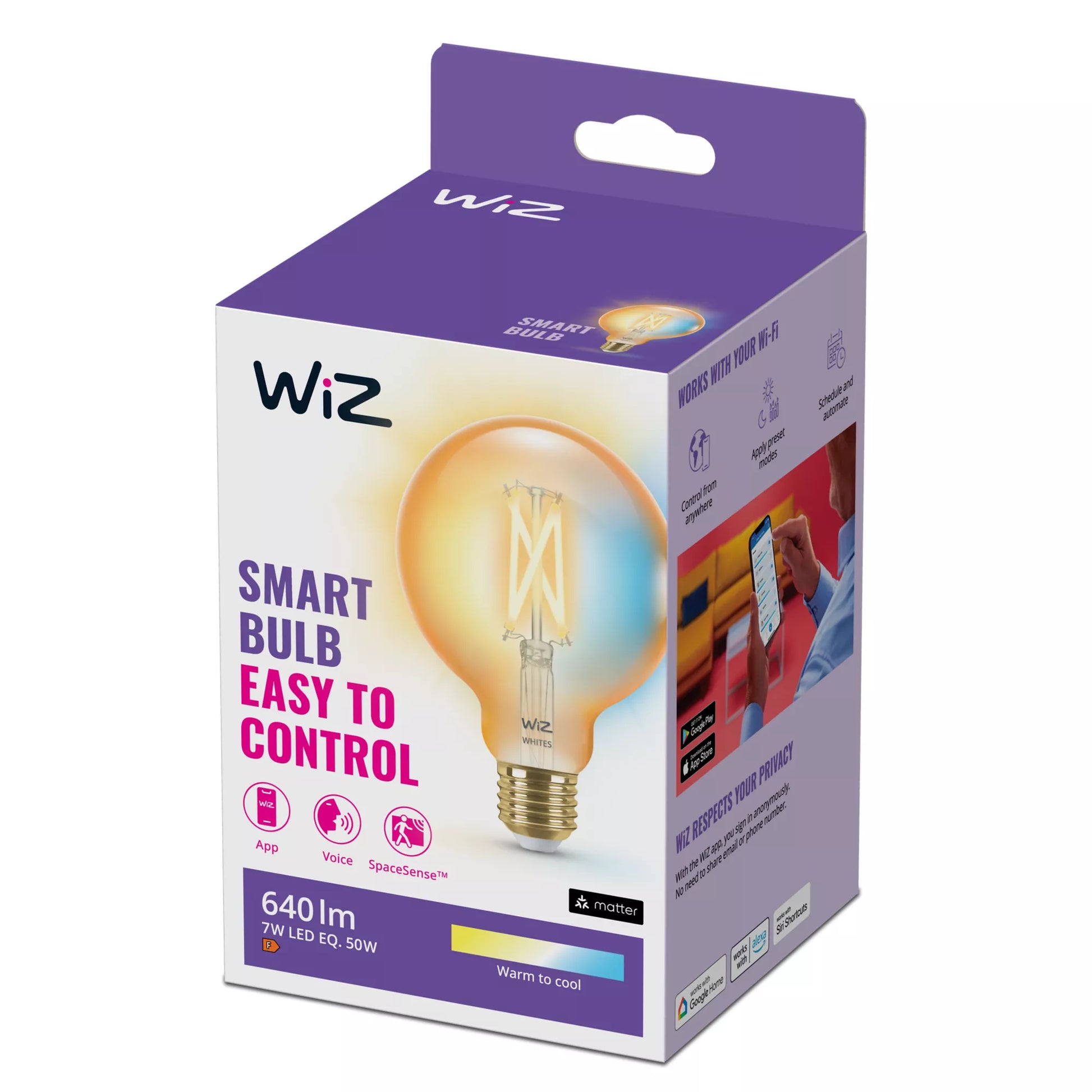 WiZ Smart-Leuchtmittel E27 G95 – 2000–5000 K, 640 lm, 7 W, WLAN/Bluetooth – 1 Stk.