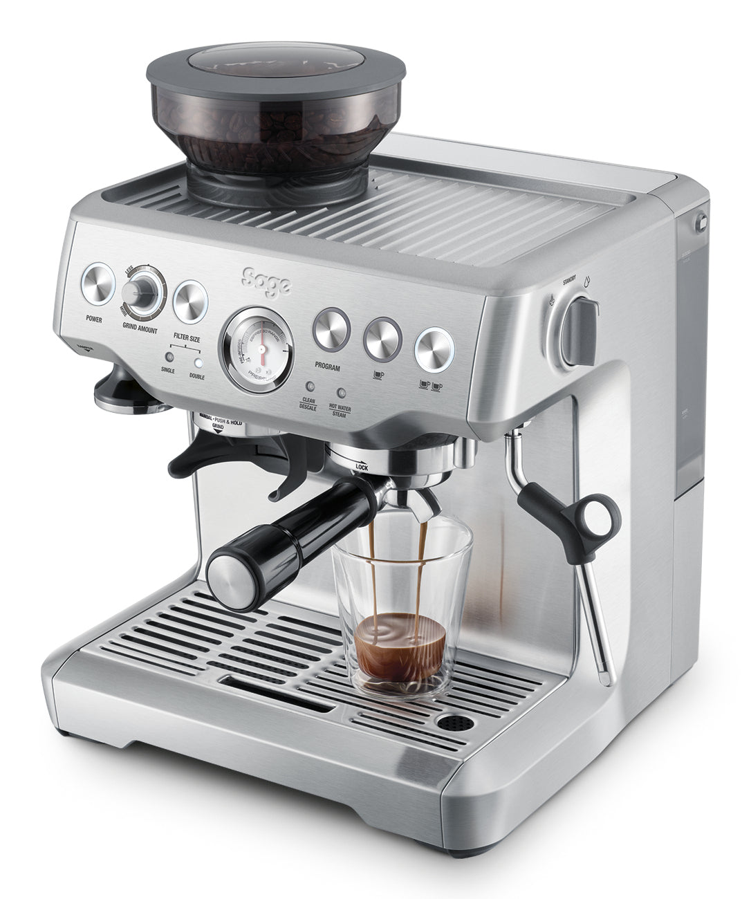 Sage Barista Express Espressomaschine (Siebträger) – 15 bar, 2 l, Milchaufschäumer, Silber