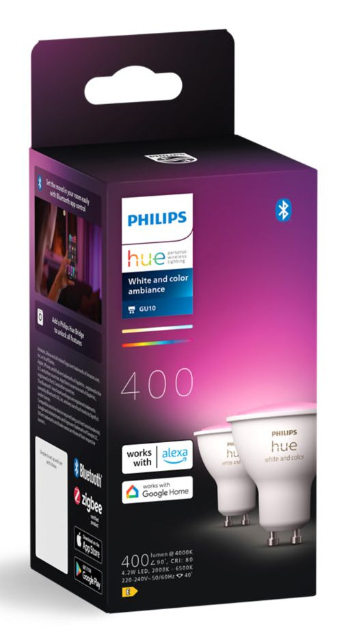 Philips Hue White & Colour Ambiance LED-Leuchtmittel GU10 2er-Pack – 4,2 W dimmbar, 400 lm, 2000–6500 K, 40°