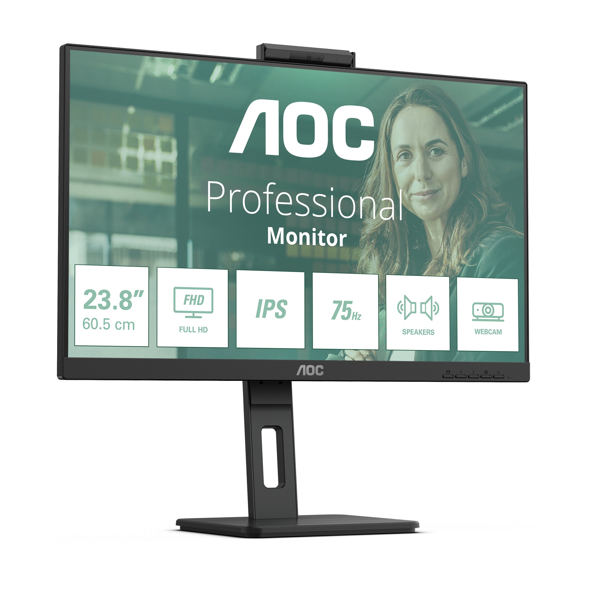 AOC 24P3QW – Monitor, 23,8", IPS, 75 Hz, 300 cd/m², Webcam, Lautsprecher, VESA 100 × 100, Schwarz