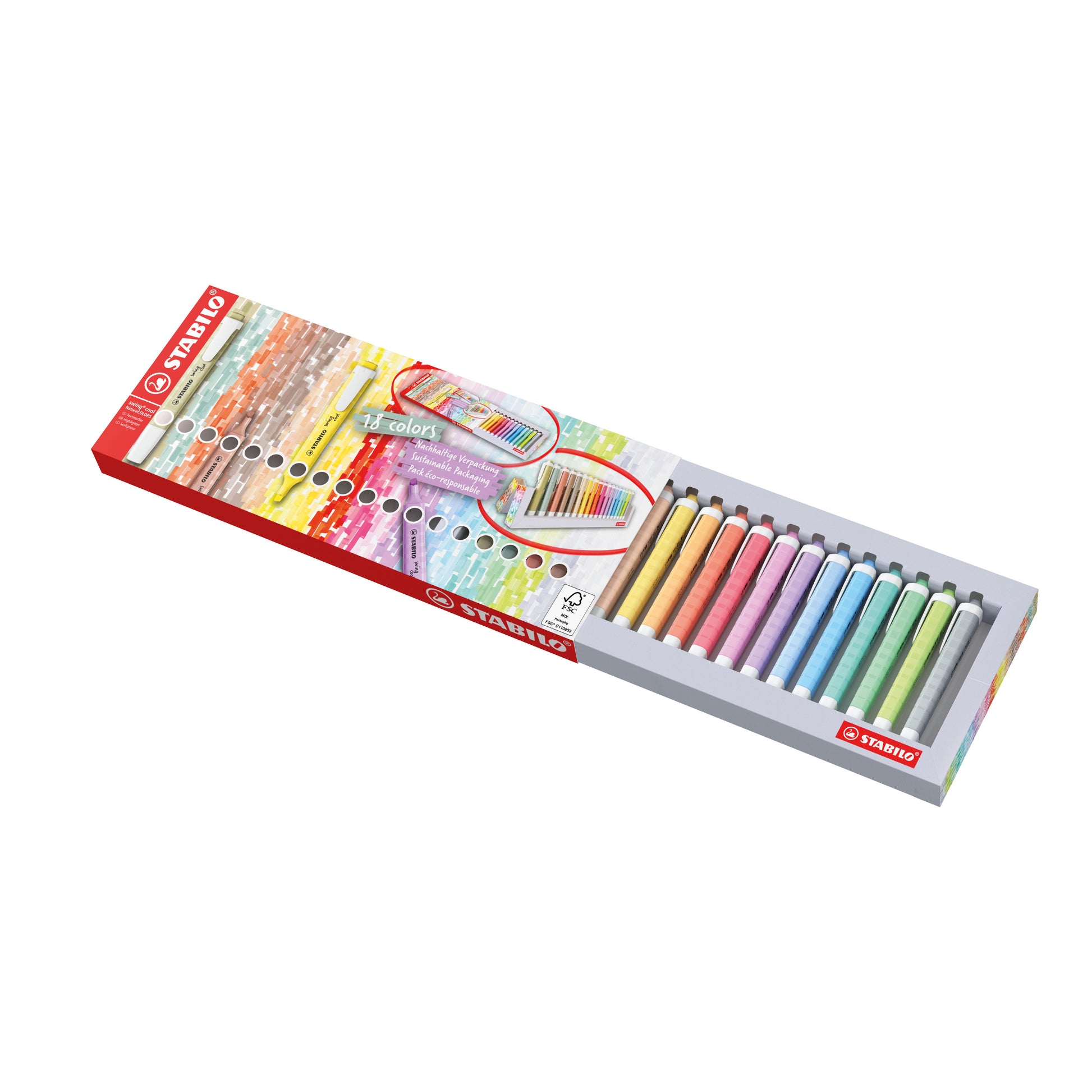 STABILO Swing Cool Textmarker – Desktop Set, 18 Stück, Farben sortiert, Keilspitze 1–4 mm