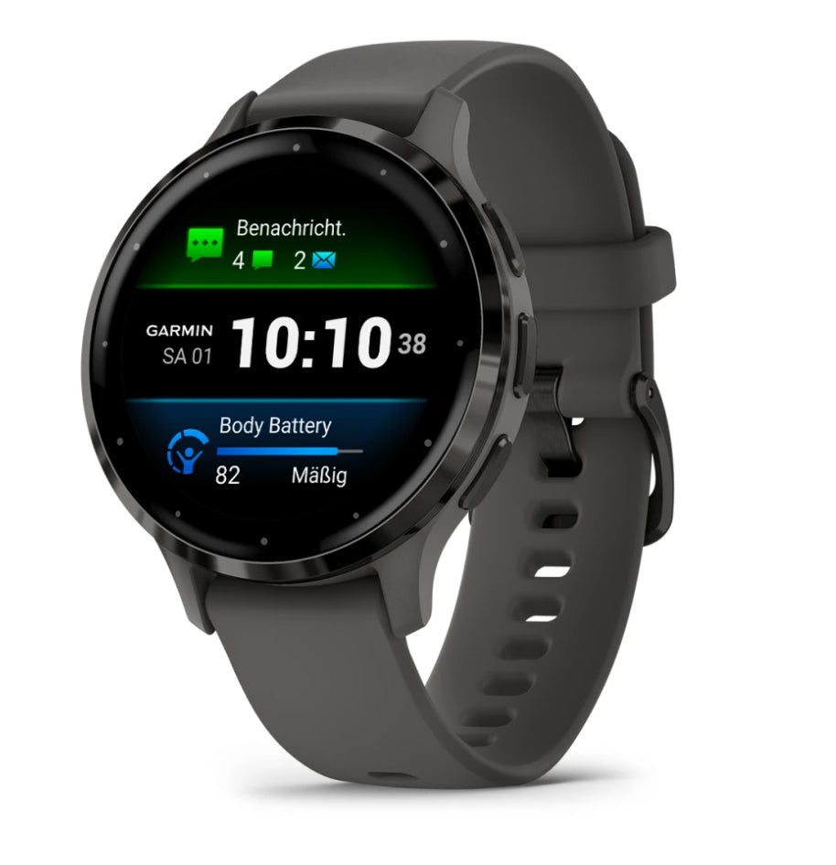 Garmin Venu 3S – Smartwatch – 41 mm, 1,2", GPS, AMOLED, Gorilla Glass, 50 m, Kieselgrau/Schwarz, Sportarmband