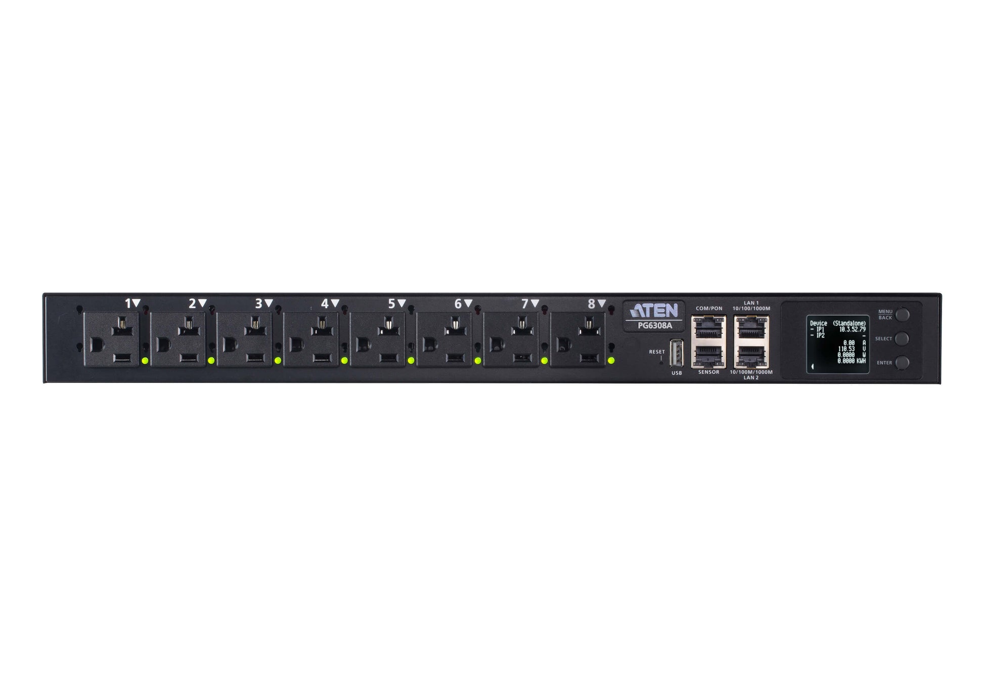 ATEN PG6308G – Intelligente PDU – 19" Rack, 1U, 8×AC (6×C13, 2×C19), LCD, 2×RJ45, Schwarz
