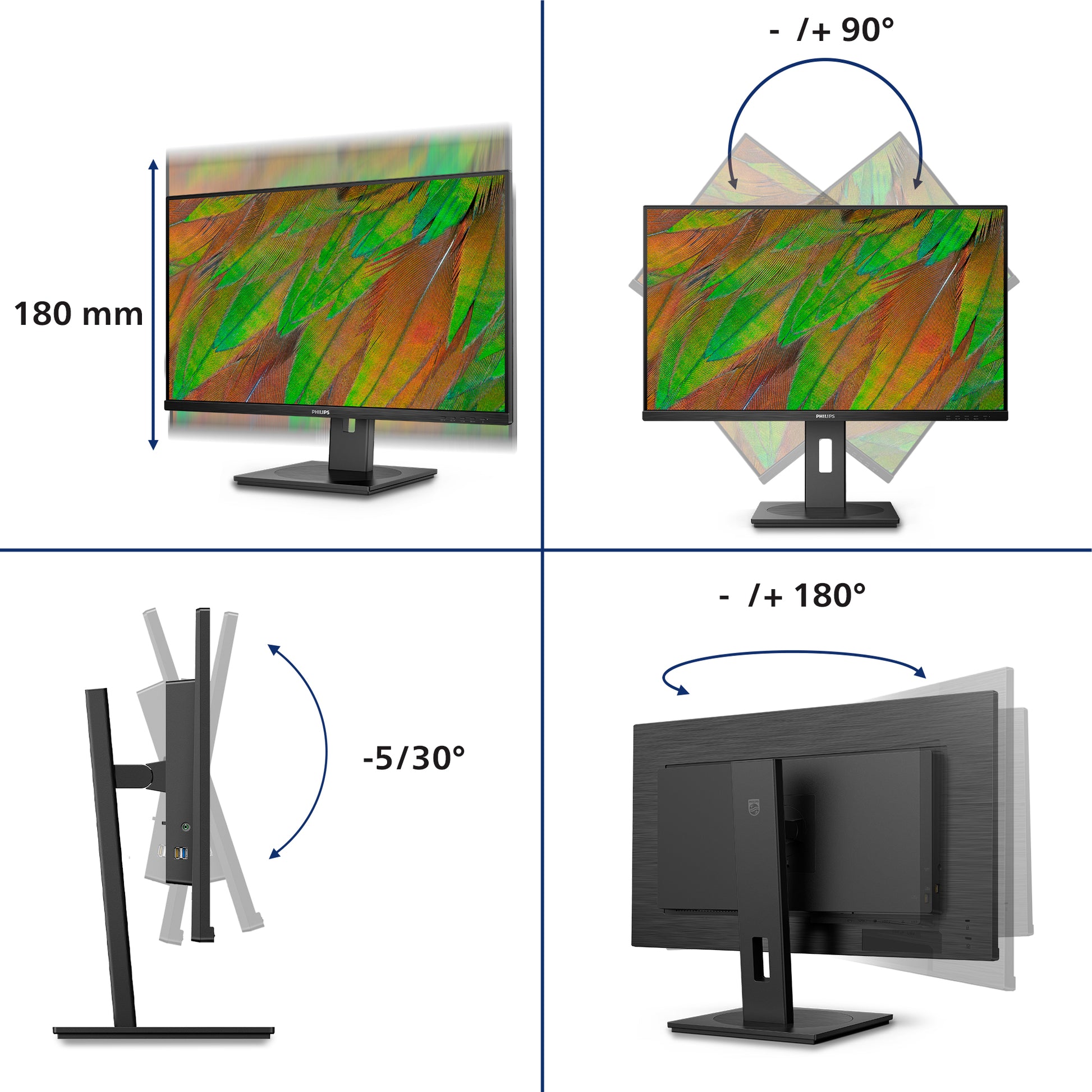 Philips 32B1U3900/00 – Monitor, 31,5", 350 cd/m², USB-C, 4× USB 3.0, Lautsprecher, VESA 100 × 100, Schwarz