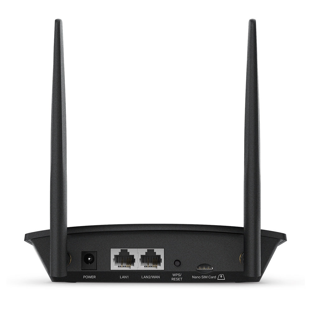 TP-Link LTE-Router, Wi-Fi 4, Einzelband (2,4 GHz), bis 300 Mbit/s, 2x RJ-45 (10/100), 4G, Micro-SIM, Schwarz