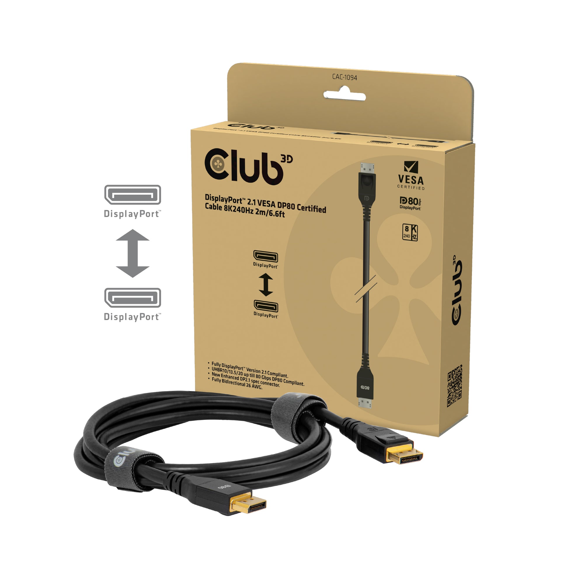 CLUB3D DisplayPort Kabel DP 2.1 – 8K 240 Hz – 2 m