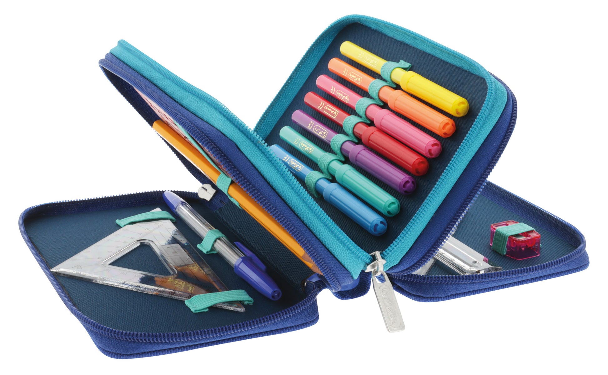 Herlitz TriCase Dip Dye – Schüleretui, gefüllt (31-teilig), 3 Klappen, blau, türkis, 19 × 7 × 11,5 cm