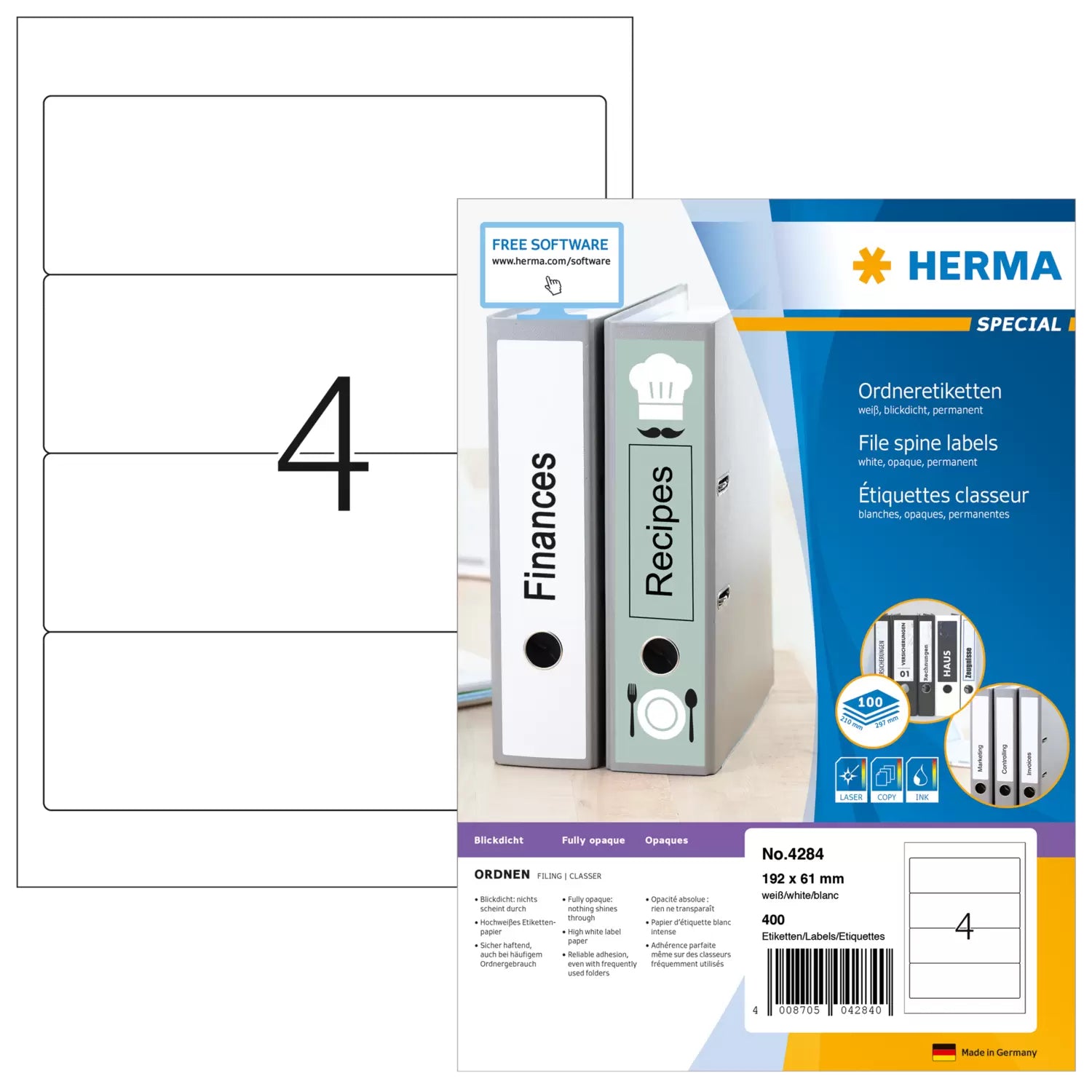 HERMA Druckeretiketten, 192 mm × 61 mm, weiss, Papier, permanent, 100 Blatt (400 Etiketten)