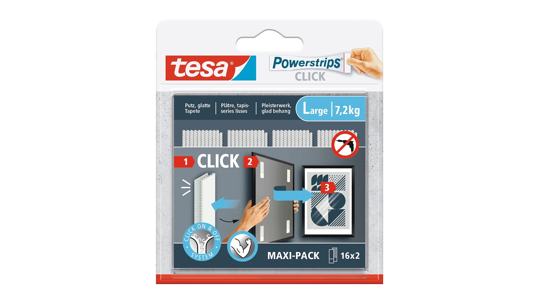 TESA Powerstrips CLICK Montagepad – 20 × 85 mm, weiss, bis 7,2 kg, 32 Stk.