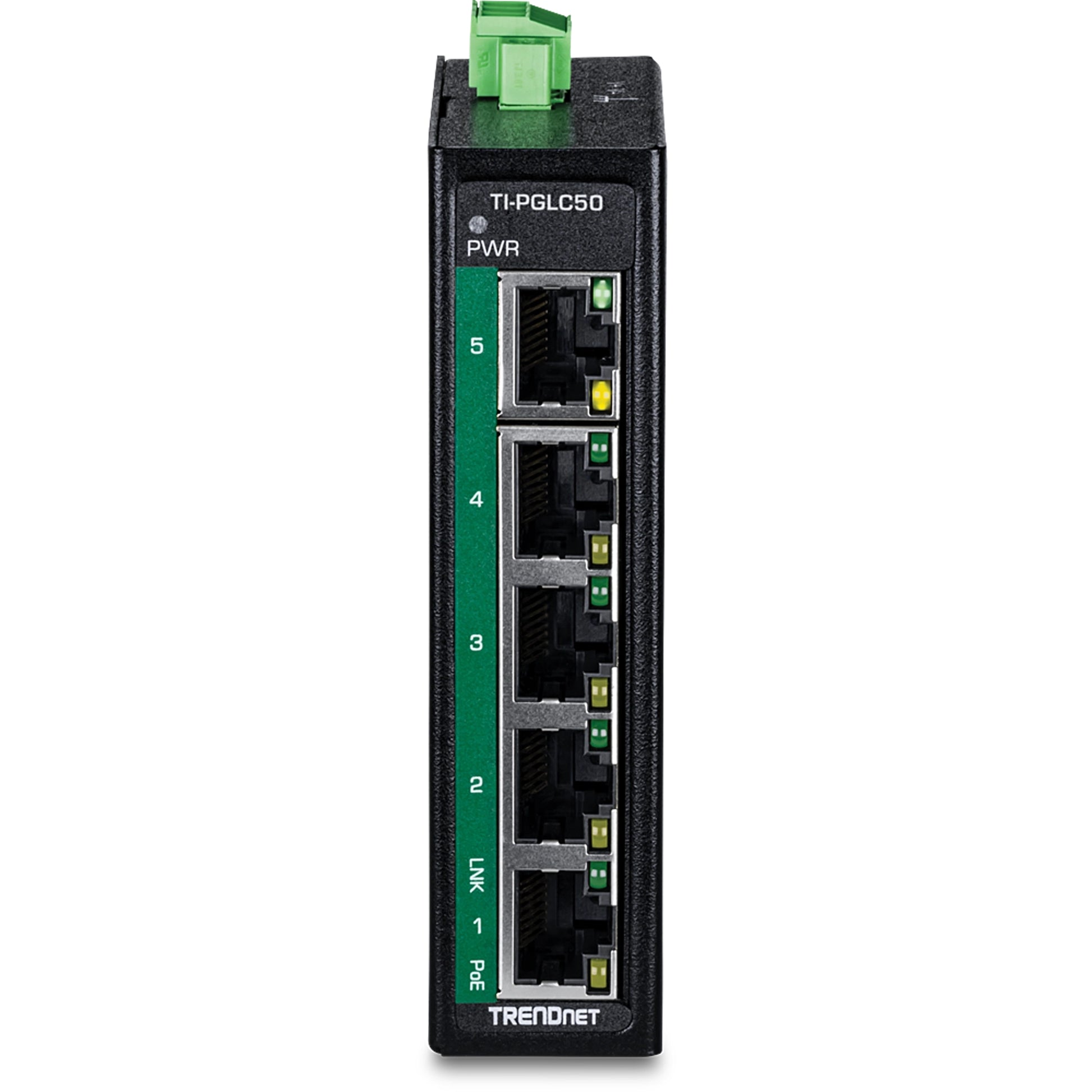 TRENDnet TI-PGLC50 – Unmanaged Switch – 4×PoE+ GbE, 1×GbE, PoE+ 90 W, DIN-Rail, IP30