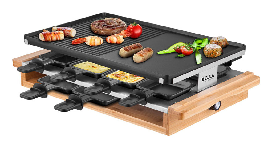 BergerLanz Raclette-Grill 107835 – 8 Personen, 8 Pfännchen, 1.200 W – Braun/Bambus