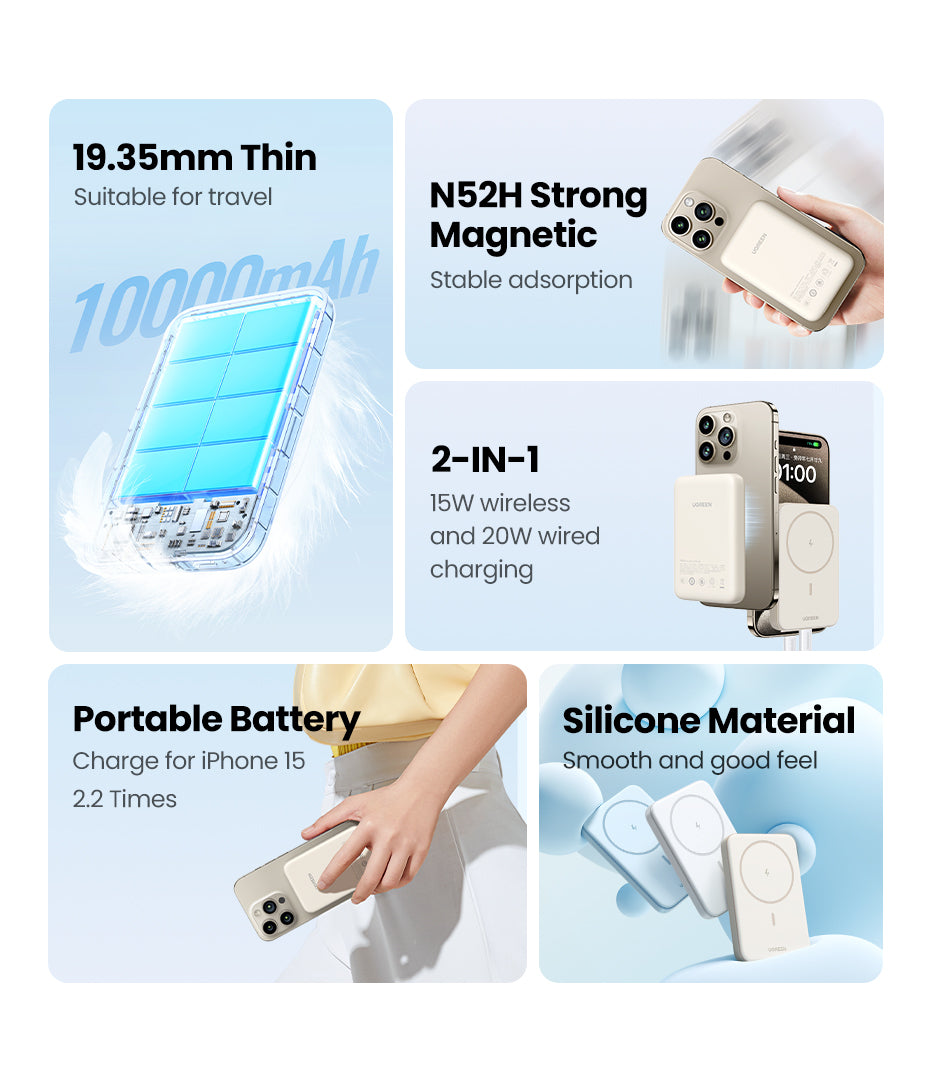 Ugreen MagSafe Powerbank 10'000 mAh – 20 W PD, MagSafe 7,5 W, 1× USB-C, beige, für iPhone 12–15