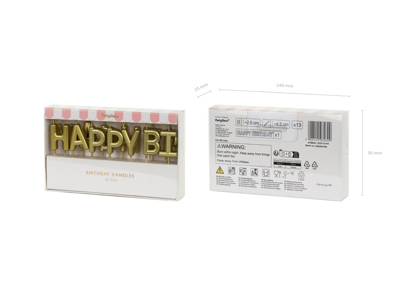PartyDeco Geburtstagskerzen Happy Birthday – Gold – 2,5 cm – 13 Stk