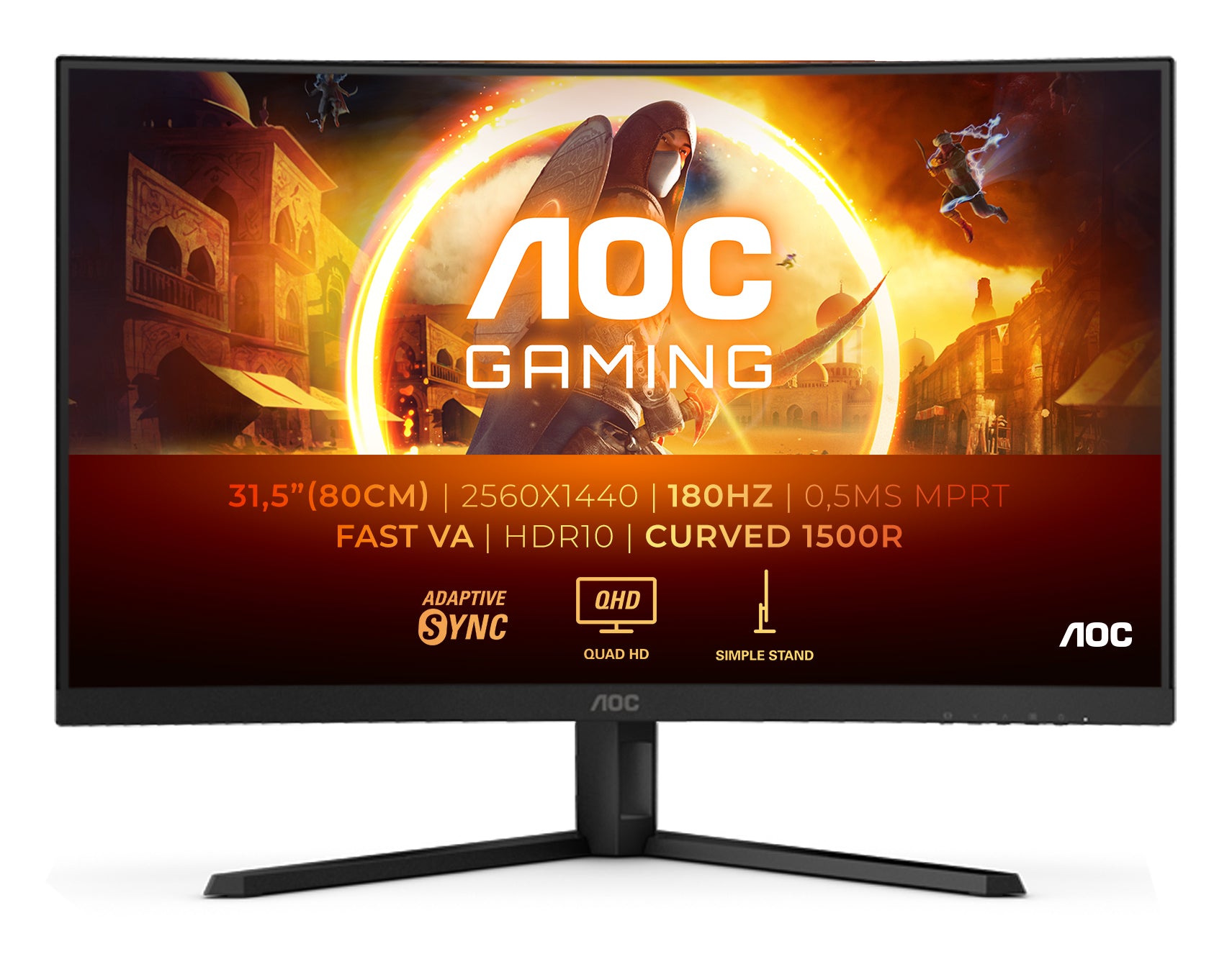 AOC CQ32G4VE – Monitor, 32", VA, 180 Hz, 300 cd/m², Gebogen, Adaptive Sync, VESA 100 × 100, Schwarz