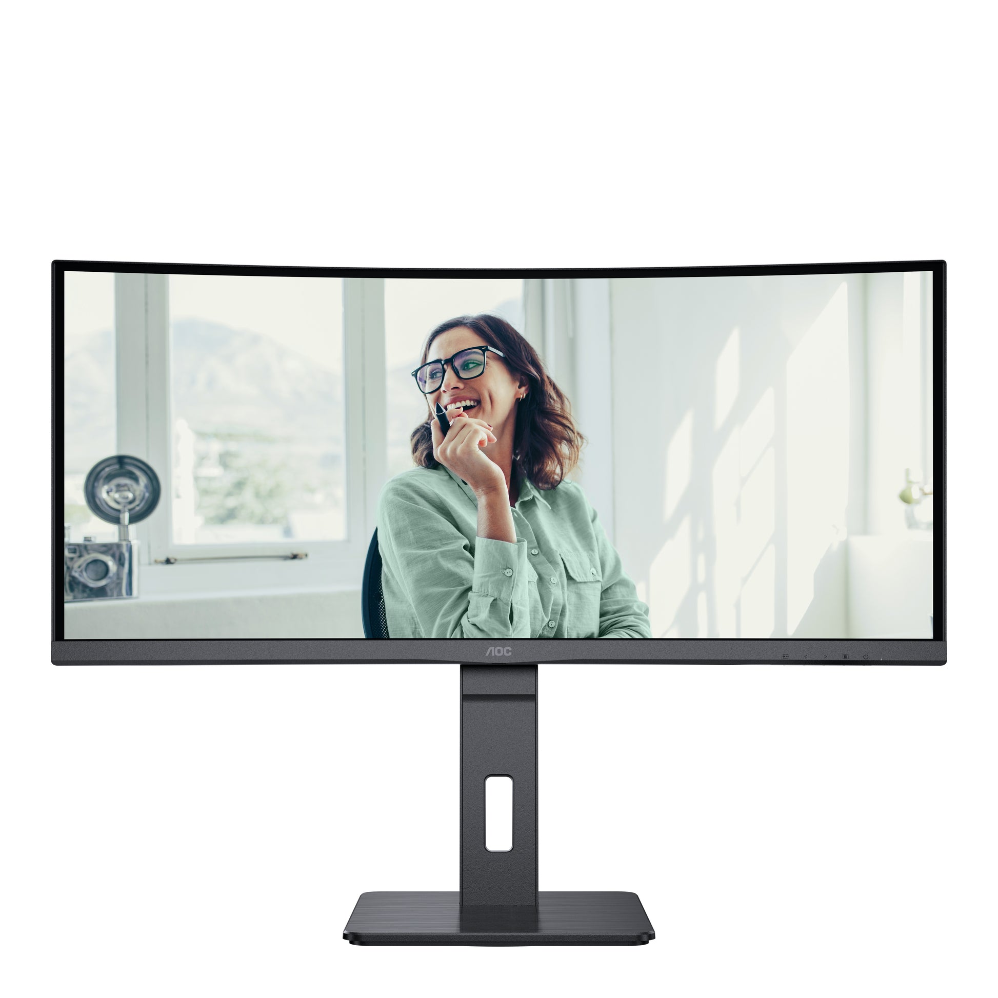AOC Monitor, 34", 3440 × 1440 (UWQHD), VA, 100 Hz, 300 cd/m², KVM, USB-C, Gebogen, VESA 100 × 100, Schwarz