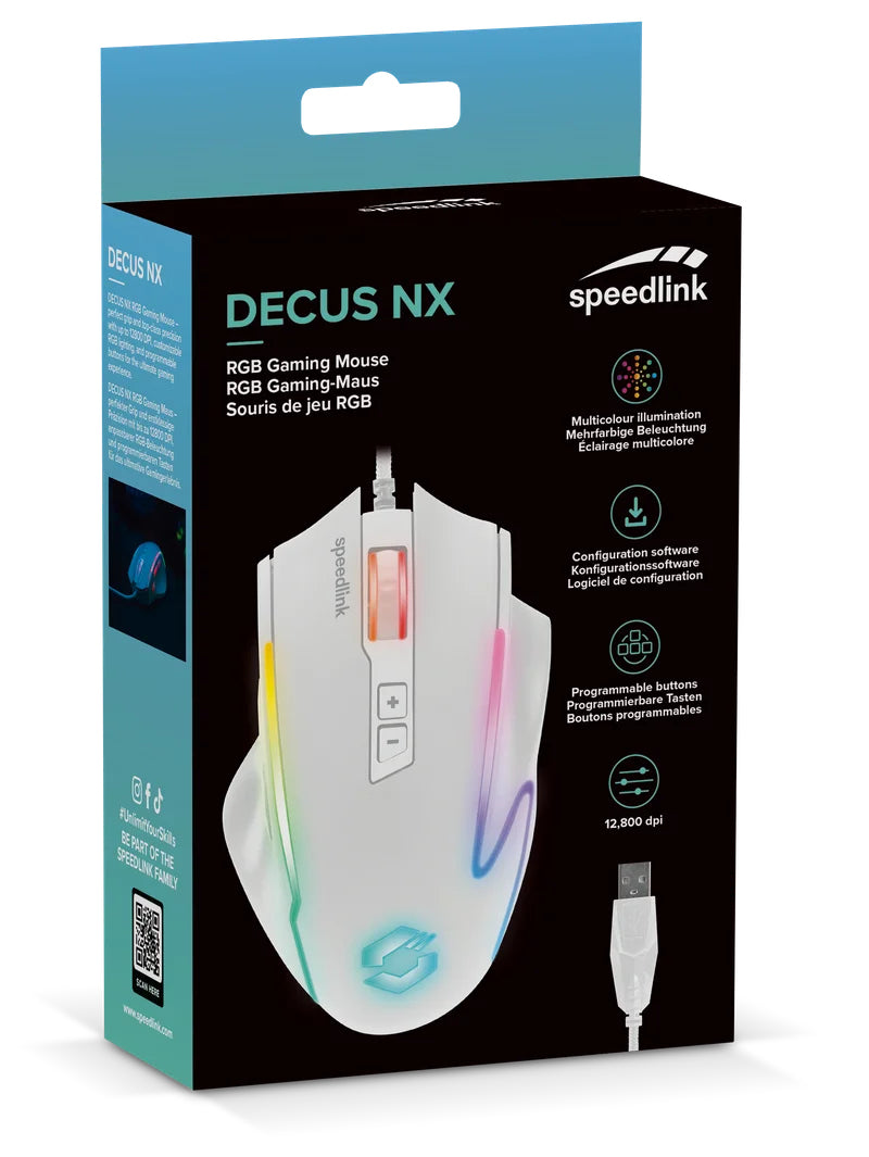 SPEEDLINK DECUS NX – Gaming-Maus – Kabelgebunden (USB‑A), 12800 DPI, rechts, Weiss