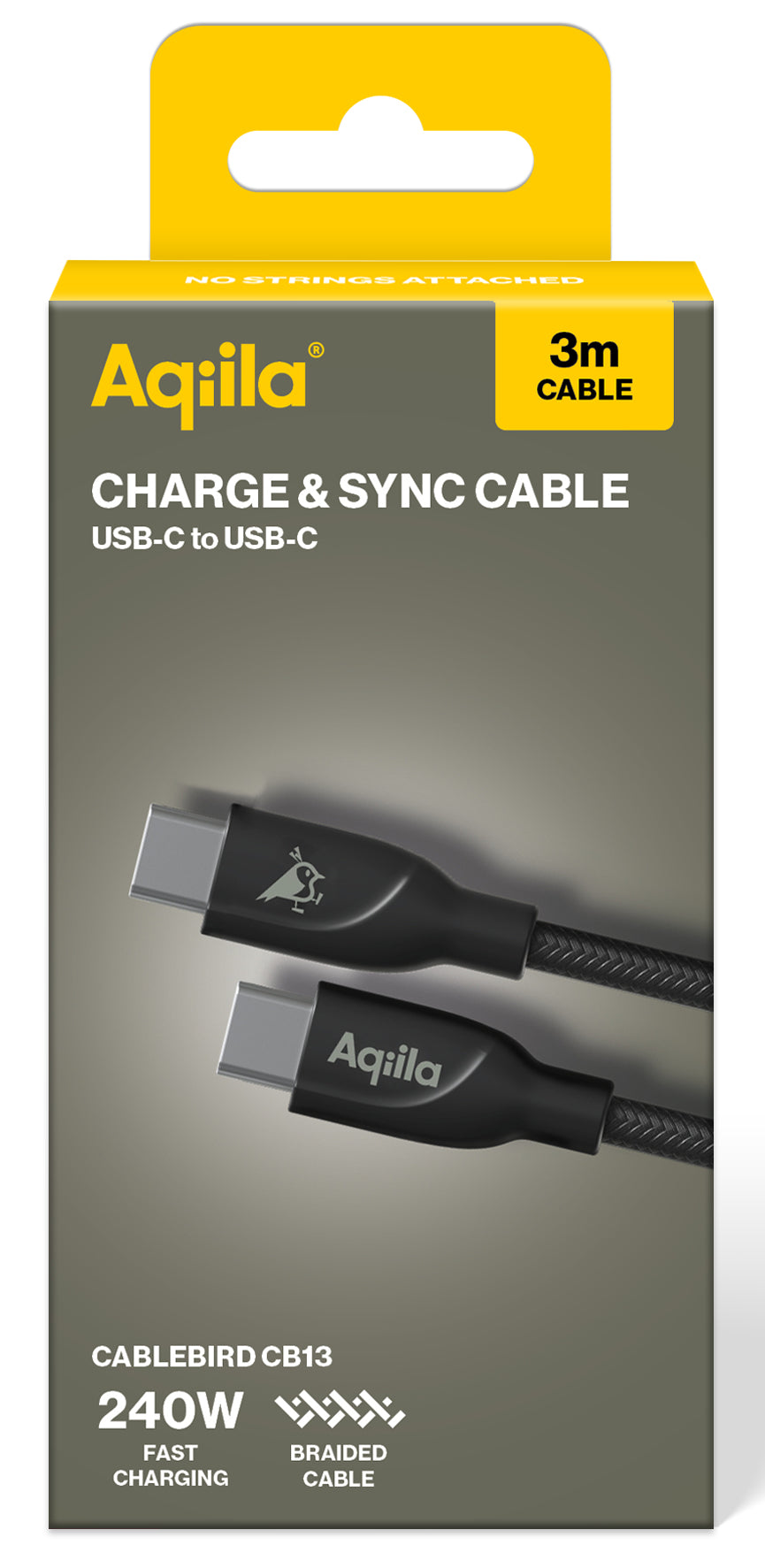 Aqiila USB-C auf USB-C Kabel – USB 2.0 (480 Mbit/s) – 3 m – PD 240 W – Geflochten – Schwarz