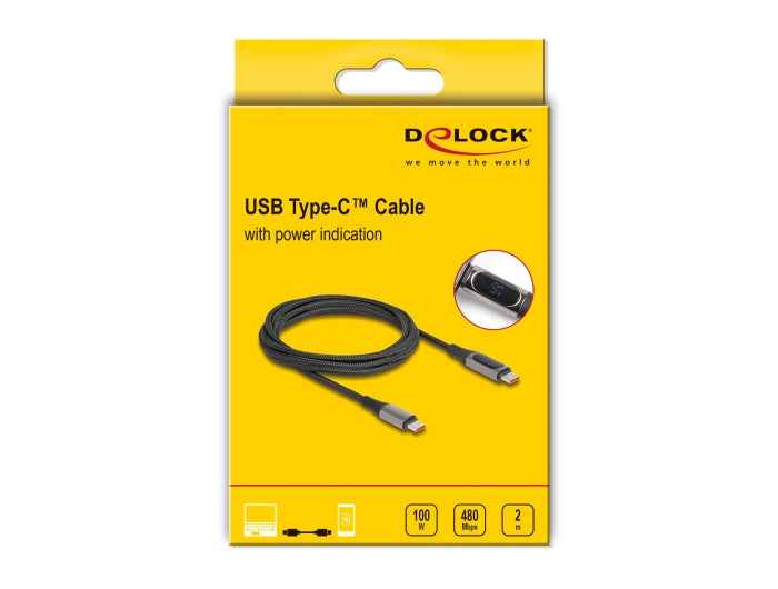 DeLOCK USB-C auf USB-C Kabel – USB 2.0 (480 Mbit/s) – 2 m – PD 100 W – Geflochten – Schwarz