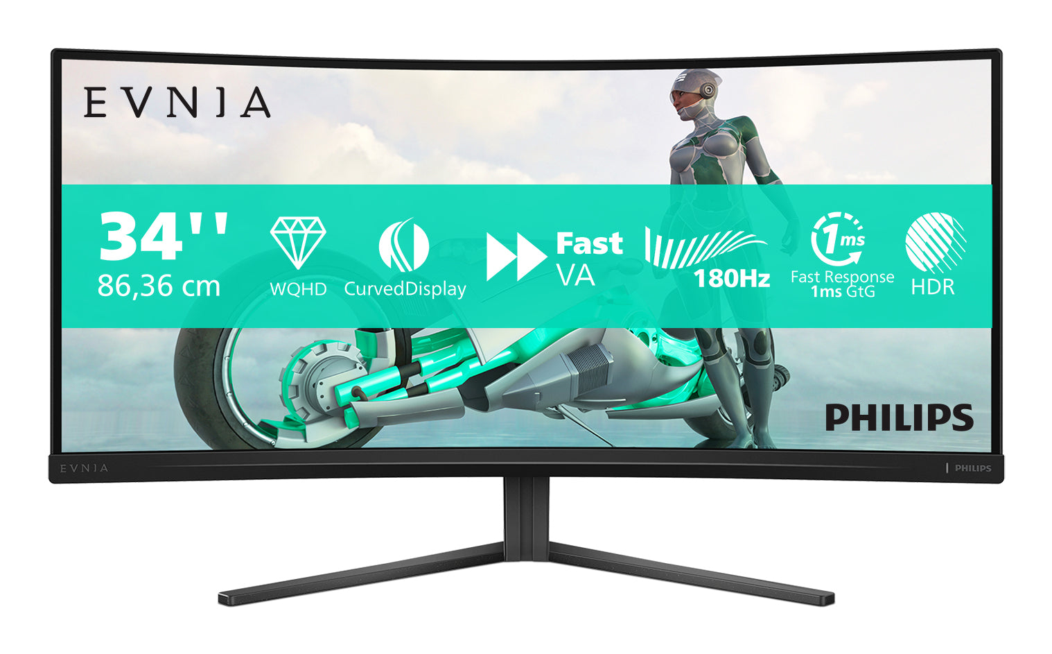 Philips 34M2C3500L/00 – Monitor, 34", VA, 180 Hz, 300 cd/m², Gebogen, Adaptive Sync, VESA 100 × 100, Schwarz