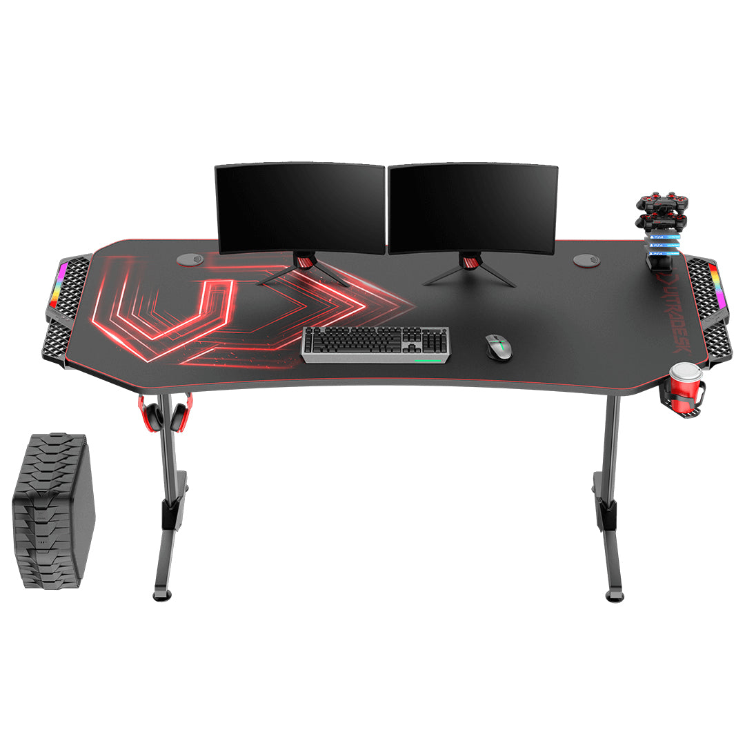 Ultradesk Rollbarer Computertisch, 1'750×750×760 mm, RGB-LED, USB-Hub mit 4 Anschlüssen, Schwarz/Rot