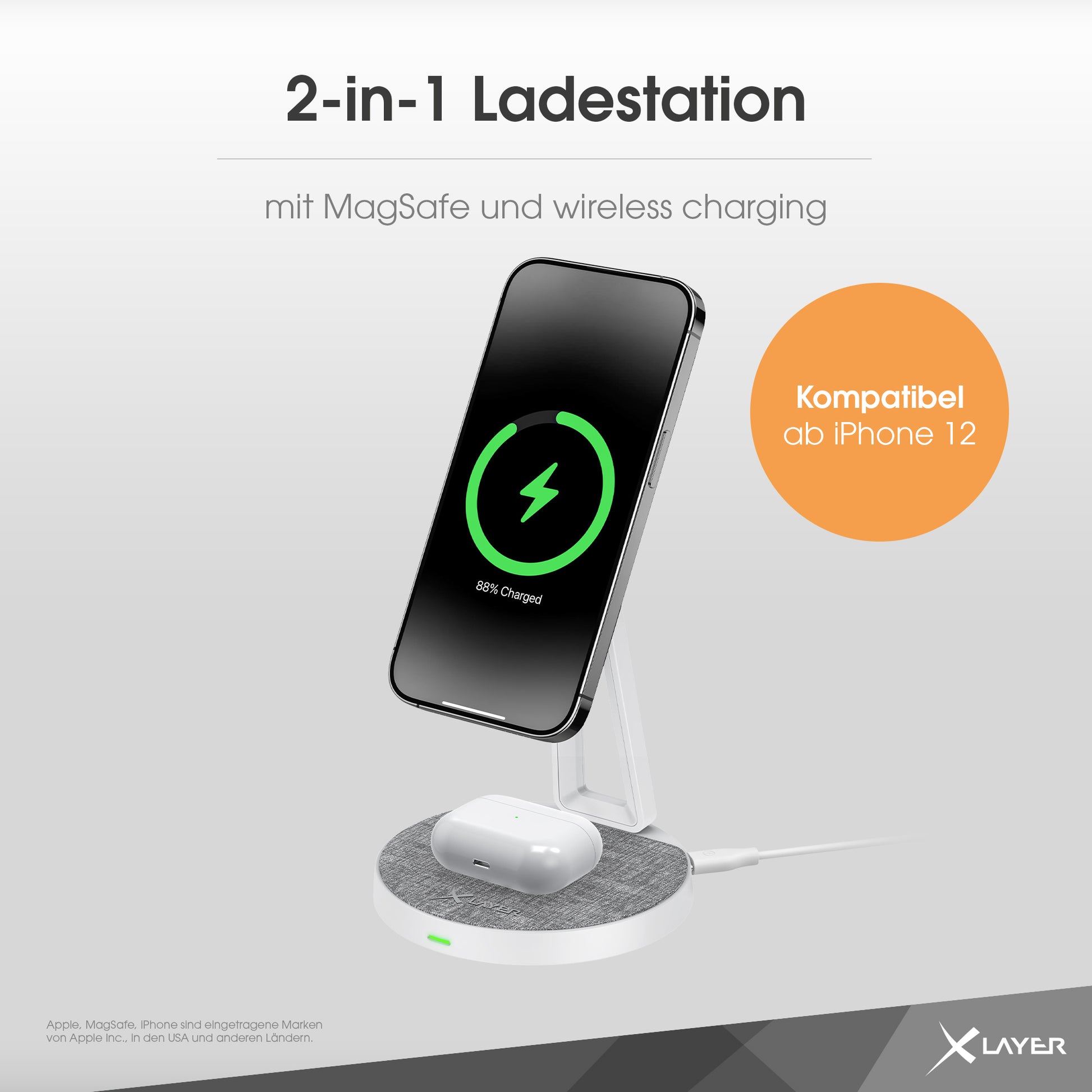 XLayer MagFix Pro 2-in-1 Ladeständer – MagSafe-kompatibel – 15 W/3 W – für iPhone/AirPods – Grau/Weiss