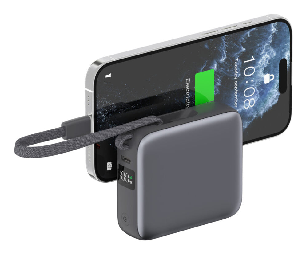 4smarts Powerbank 10000 mAh, PD 22,5 W, mit integriertem Ladekabel, für Smartphones, grau