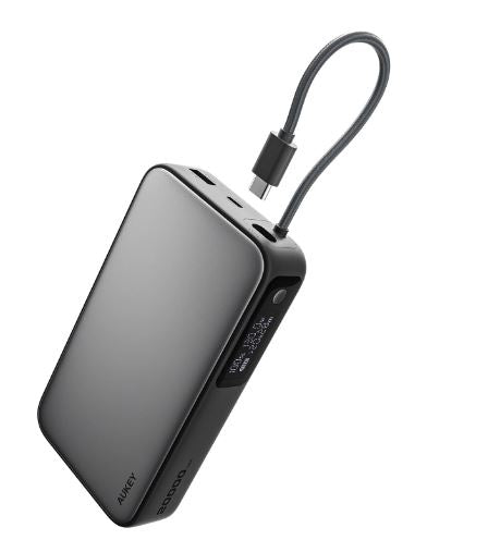 AUKEY Powerbank 20000 mAh, PD 100 W, mit integriertem USB-C-Kabel, für Smartphones, Weiss/Grau