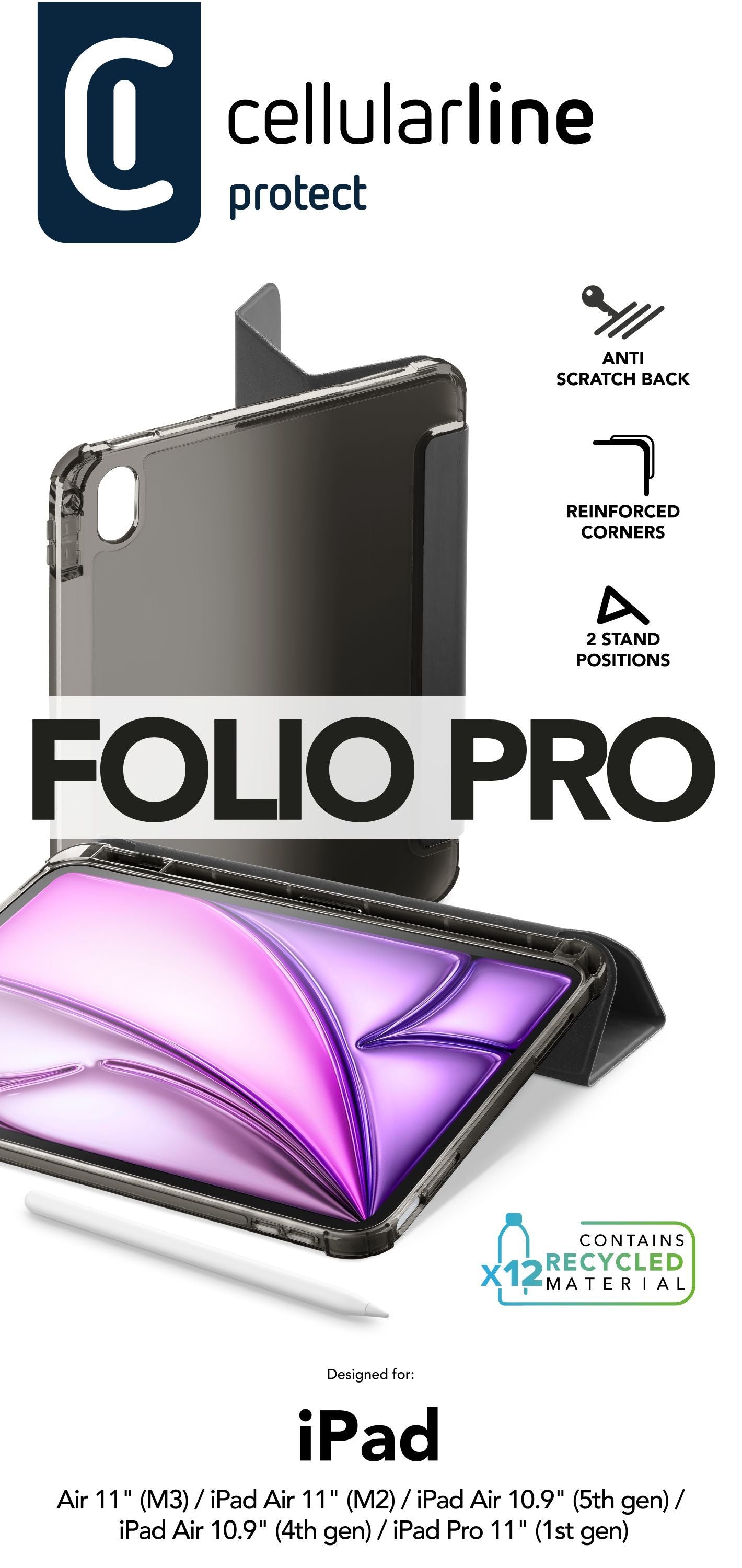 Cellularline Case iPad Notebook-Schutzhülle – für Tablets bis 11", Stoßschutz, Standfuss, Kunstleder, Schwarz