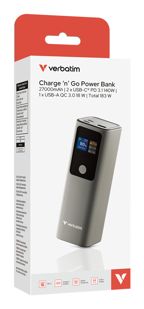Verbatim Charge n Go Powerbank 27'000 mAh – 140 W PD, 2× USB-C, 1× USB-A, grau