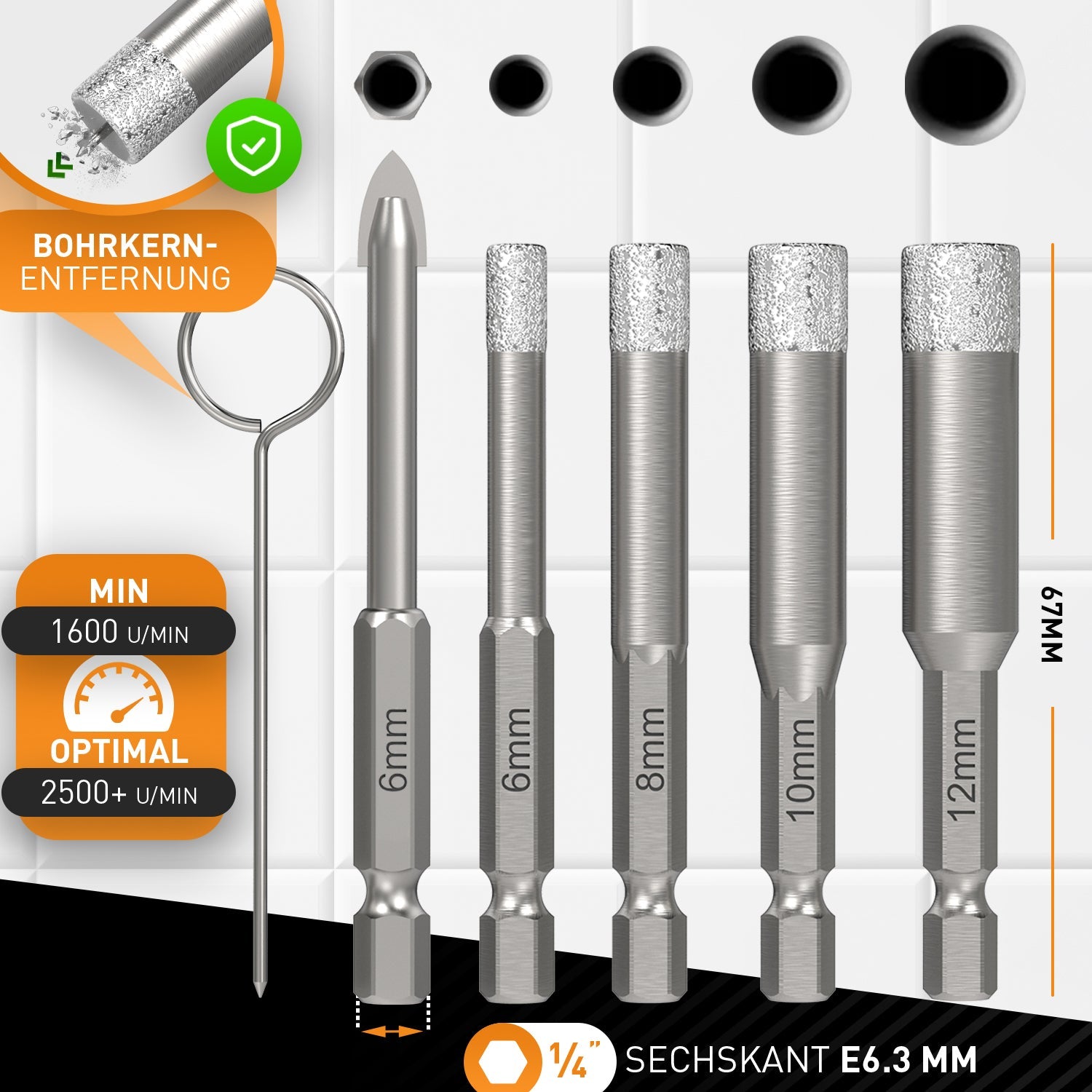Hardtwerk Fliesenbohrer-Set 5-tlg. 6/8/10/12 mm Diamant 1/4" Sechskantschaft – für Fliesen