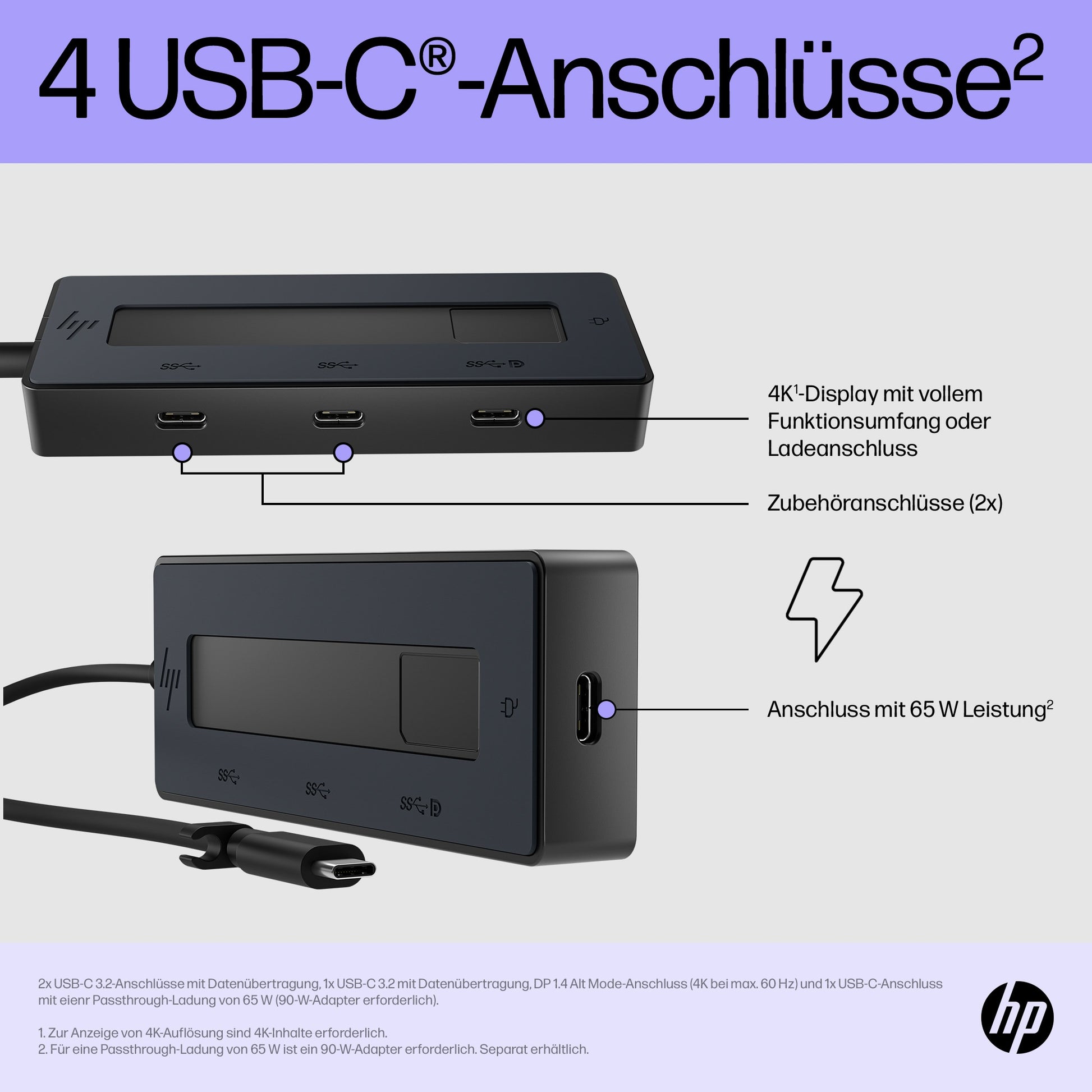 HP Multiport-Adapter – USB-C, 1× DP, 4× USB-C, 65 W PD, für Windows/Mac/ChromeOS
