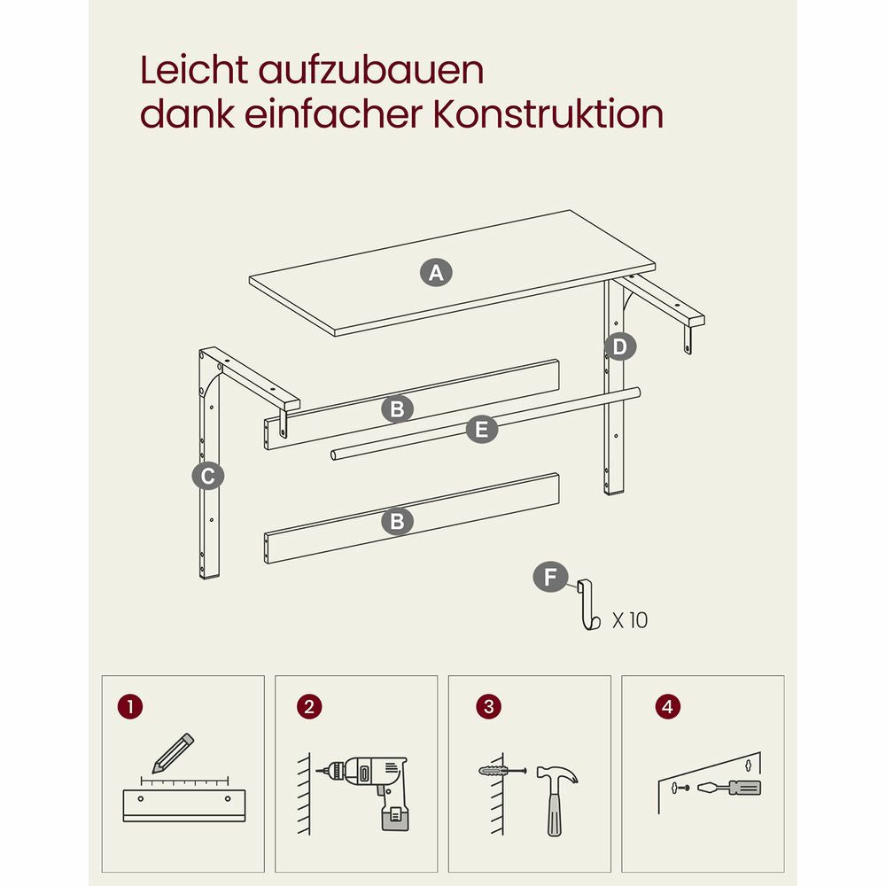 Vasagle Wandgarderobe – 10 Haken, mit Ablage, Stahl/Spanplatte, Schwarz/Braun, 80 × 30 × 42 cm