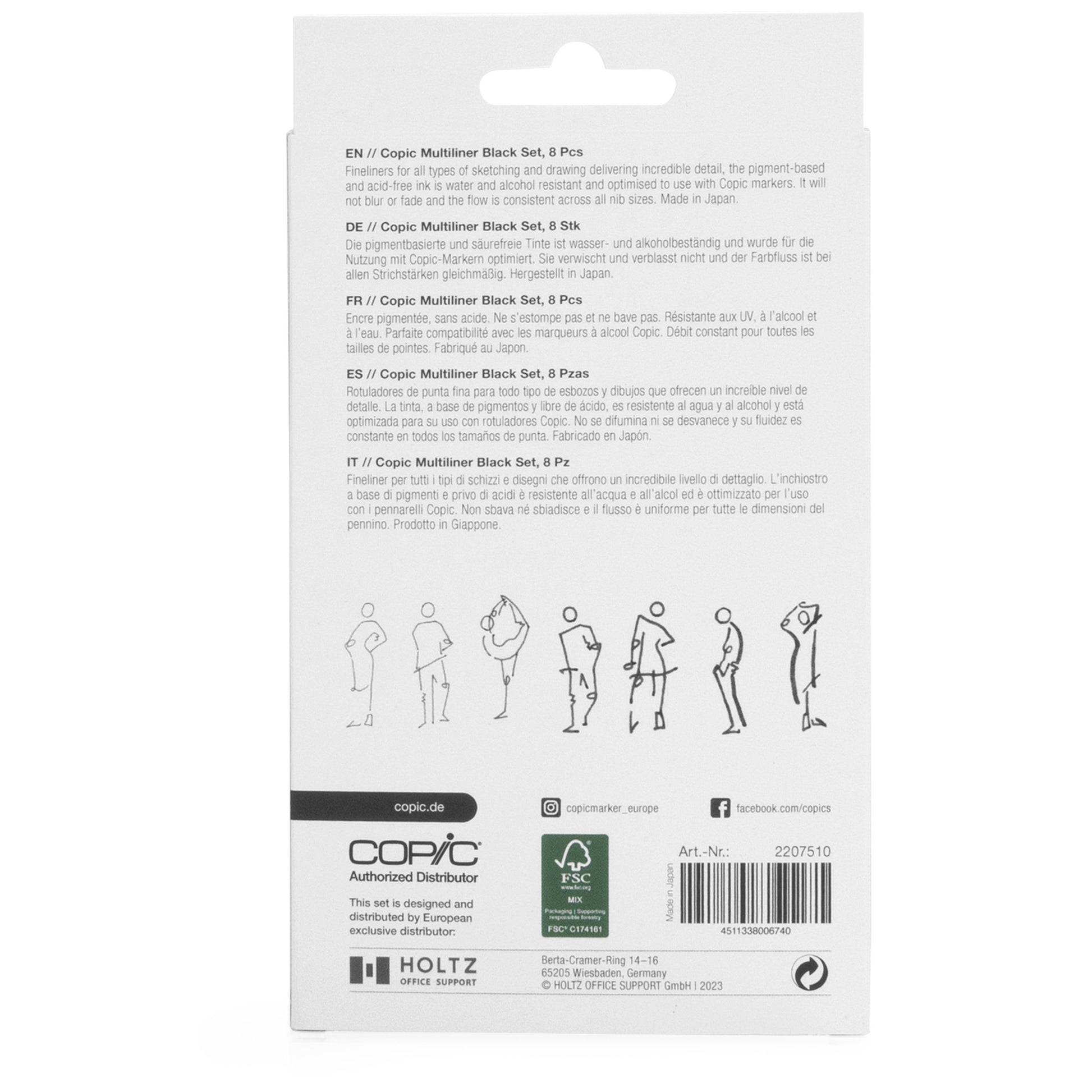 Copic Multiliner 2207510 Fineliner – 8er-Set – schwarz – wasserfest – für Copic Marker
