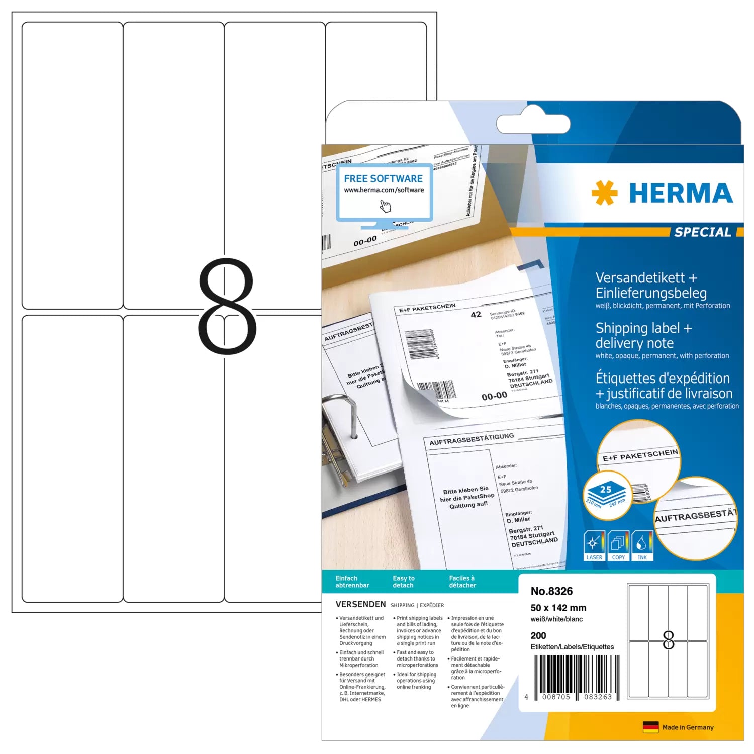 HERMA Drucketiketten, 50 mm × 142 mm, weiss, Papier, permanent, 200 Etiketten (25 Blatt)