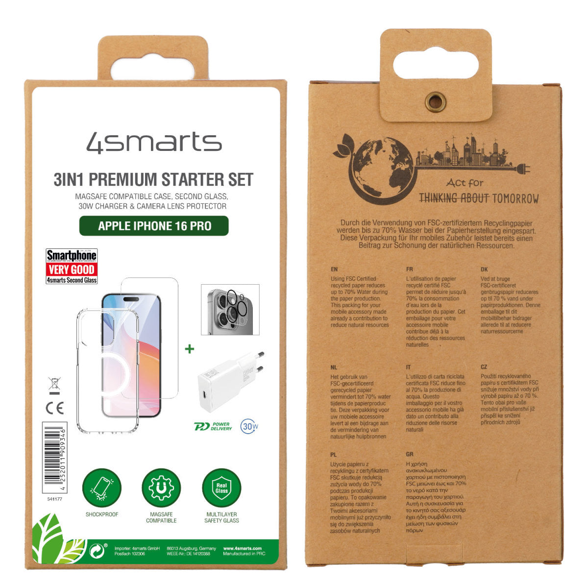 4smarts 3-in-1 Starter-Set (Glas, Hülle, Ladegerät) – für iPhone 16 Pro – Transparent