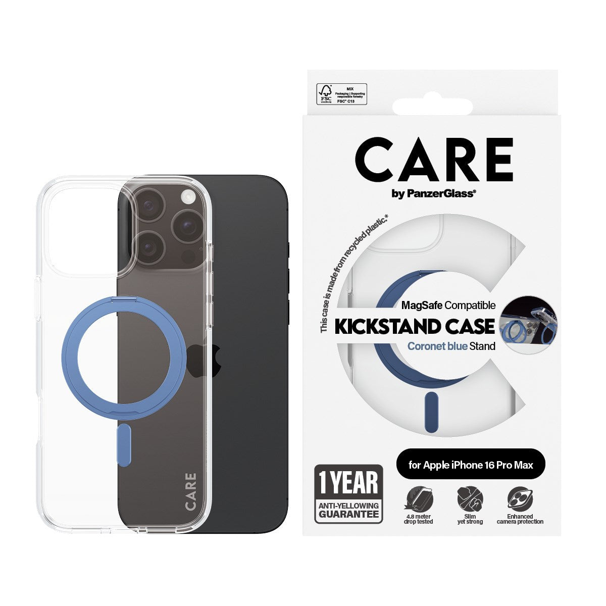 PanzerGlass CARE – Backcover – für Apple iPhone 16 Pro Max – transparent/blau – MagSafe-kompatibel, mit Standfuss