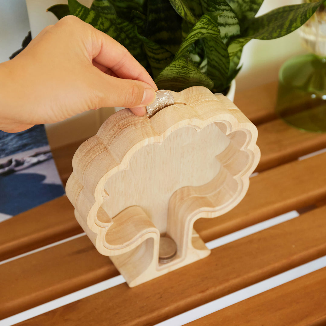 Kikkerland Spardose Baum – Mischholz & MDF & Acryl & Metall, natur – 19 × 17,1 × 5 cm